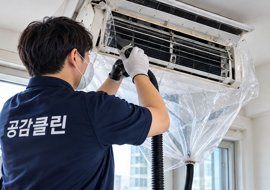 공감클린 작업자가 에어컨을 분해해 청소하는 모습
