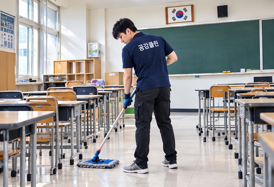 학교 교실 바닥을 청소하는 작업자
